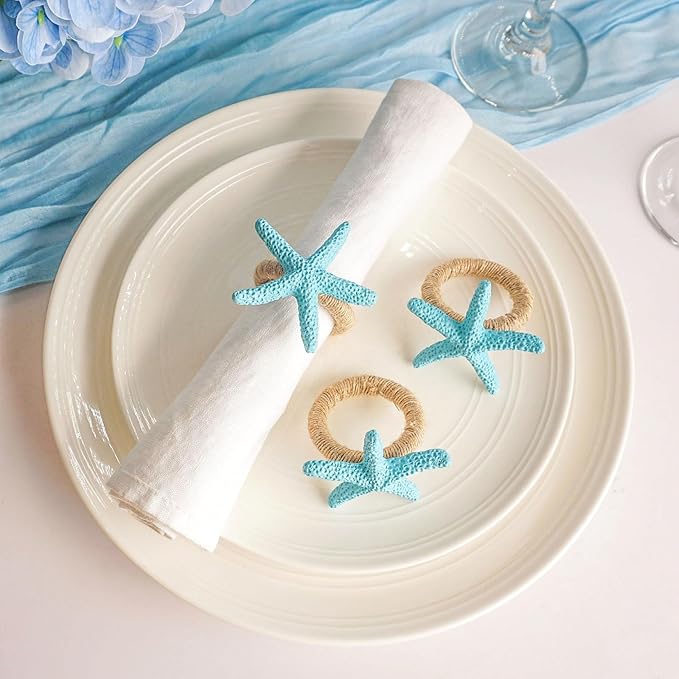 Starfish Napkin Rings Set of 6, Blue Sea Star Napkin Ring Holders for Crafts, Beach, Dinner Party, Wedding, Theme Party, Banquet, Nautical, Coastal Table Decor