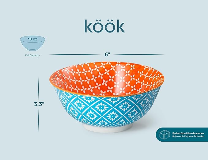 KooK Colorful Bowl, Ceramic Porcelain Bowls for Cereal, Fruit, Vibrant Patterned, Multi Color Designs, Housewarming Gift and Kitchen Decor for Soup, Salad, Set of 6, 18oz (Colorful)