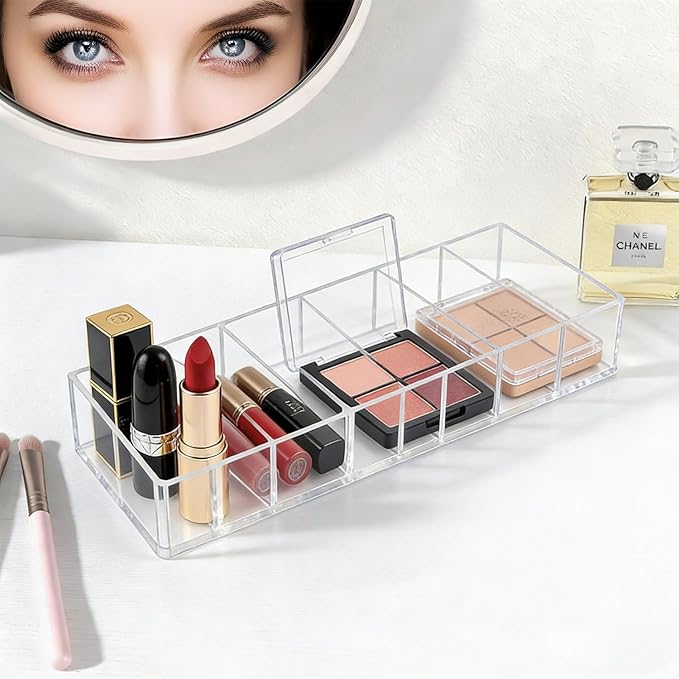 Nsmykhg 4 Pack Clear Acrylic Makeup Compact Organizer - 6 Slots Vanity Organizer for Eyeshadow Palette, Lipstick & Cosmetics, Drawer Makeup Organizer Holder (10 x 3.5 x 1.9 inches)