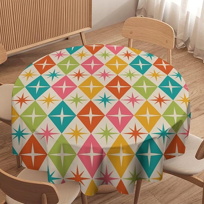 Abstract Geometric Round Tablecloth, Mid Century Retro Abstract Vintage Tablecloth for Home Party Dining Room Kitchen Decor 60Inch(152cm)