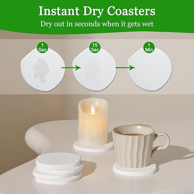 Diatomaceous Earth Coasters Set of 4 for Drinks, Moisture Water Absorbent Stone Coasters for Table Desk at Work, Water Absorbing Instant Drying Diatomite, Modern White