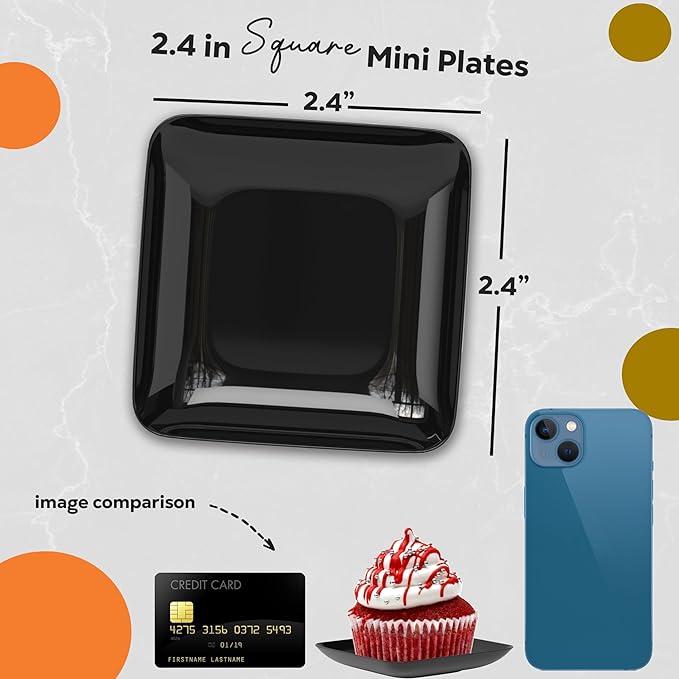 Exquisite Tiny Mini Appetizer Plates - 480 Pack 2.4 In. x 2.4 In. Black Disposable Dessert Plates - BPA Free Small Plastic Plates for Weddings