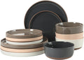 Gibson Elite Northrock Stoneware Dinnerware Set, 12-Piece Service for 4 Plates and Bowls Set – Assorted Colors Blue, White, Pink, Gray Dishes with Hand-Painted Terracotta Base