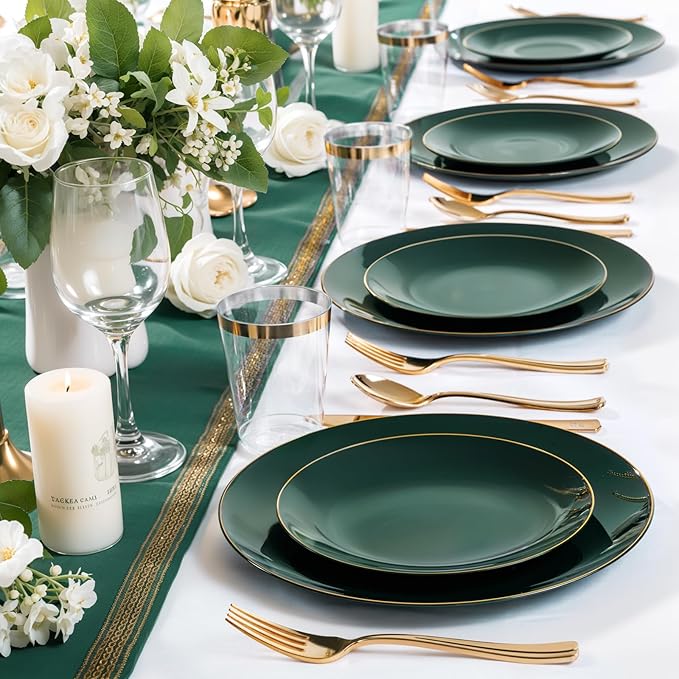 Nervure 100Pcs Green and Gold Plastic Plates - 10.25inch Disposable Green Dinner Plates - Heavy Duty Plastic Plate Ideal for Wedding & Party