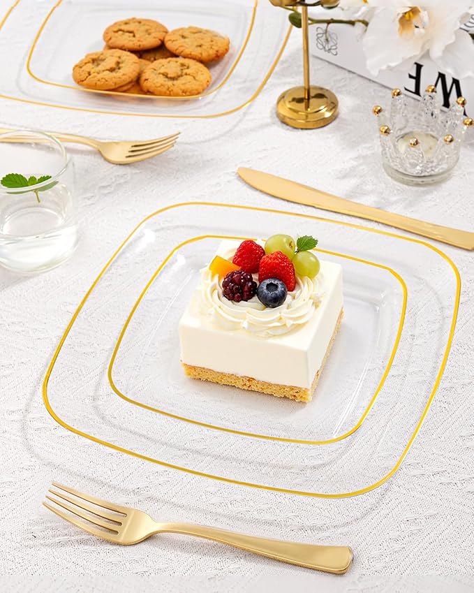 bUCLA 100PCS Clear and Gold Plastic Plates Disposable - Square Gold Heavy Duty - Include 50 Each (Dinner & Dessert) Plates for Party & Thanksgiving