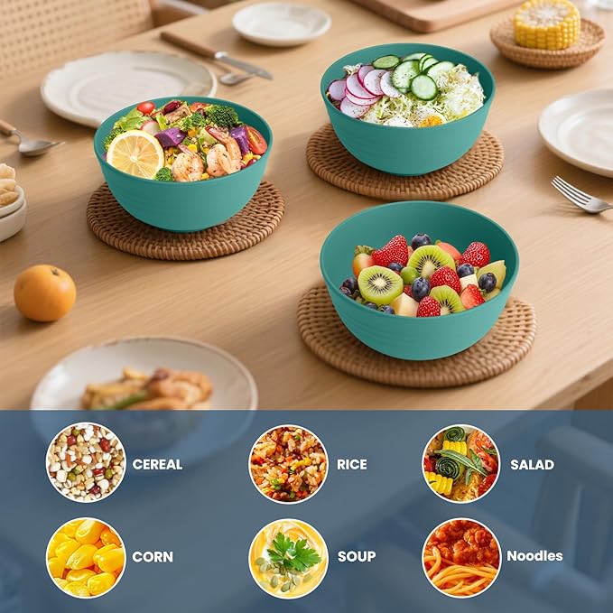 Wheat Straw Bowls Set of 6, Unbreakable Plastic Bowls, Microwave and Dishwasher Safe Serving Bowl for Dinner, Breakfast, Snack, Cereal Bowl for Kitchen, Camping, Outdoor (Green, 26 OZ)