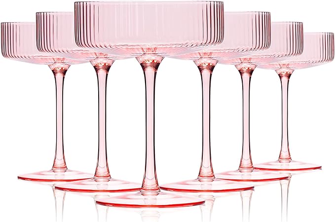 9 oz Pink martini glasses Vintage Art Deco Blush Pink Coupe Glasses Set of 6 Pink Ribbed Cocktail Glasses for Espresso Martini, Champagne,Cosmopolitan,Manhattan,Cocktail