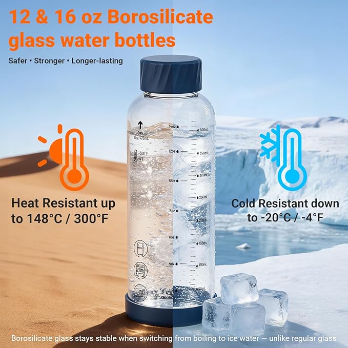 Sursip Glass Juice Bottles 6 Pack 16 oz – Reusable Glass Water Bottles with Stainless Steel Lids – Heat-Resistant Borosilicate Glass, BPA Free, Leakproof for Juicing, Smoothies, Milk, Infused Water