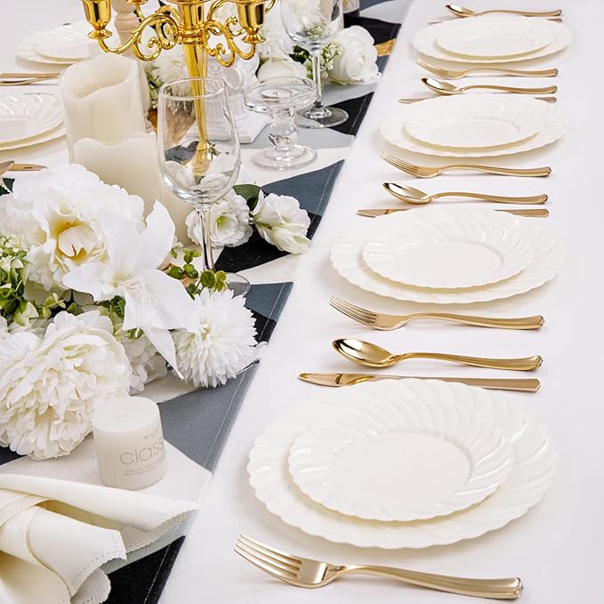 U-QE 100 Piece Ivory Scalloped Plastic Plates for Party - Plastic Plates Disposable Heavy Duty - High End Disposable Plates for Wedding Including 50PCS 9 '' Dinner Plates & 50PCS 6.5 '' Dessert Plates