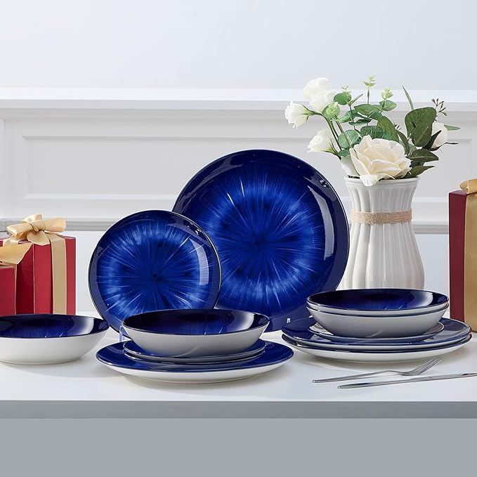 Bestone 12-Piece Round Porcelain Dinnerware Set, Service for 4, Chip Resistant Plates and Bowls, Starburst Turquoise Dark Blue, Dishwasher & Microwave Safe for Home Daily Use