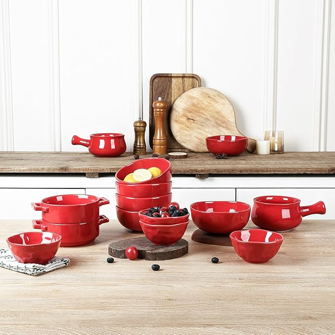 vicrays Ceramic Soup Bowls with Handles, 24 Oz Porcelain Soup Crocks for French Onion Soup, Cereal, Beef Stew, Chill, Pasta, Pot Pies, Microwave and Oven Safe, Set of 4 (Red)