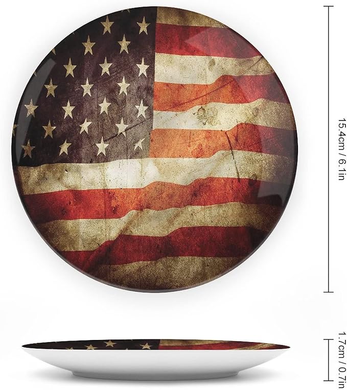 Decorative Plates, American Flag Print Ornament, Grunge Look Patriotic, 6 Inch, Kitchen Wall Decor, Multicolor
