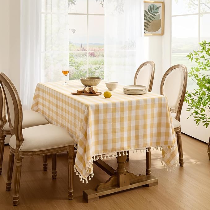 Softalker Checkered Tablecloth Rectangle, Outdoor Linen Cotton Gingham Table Cloth with Tassel, Heavy Duty Wrinkle Free Buffalo Plaid Table Cover for Kitchen Dining Home Party - 55 x 84 Inch, Yellow