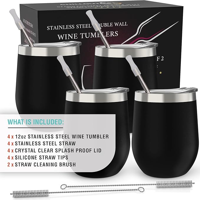 CHILLOUT LIFE 12 oz Stainless Steel Wine Tumblers 4 Pack - Double Wall Vacuum Insulated Wine Cups with Lids and Straws Set for Coffee, Wine, Cocktails - Powder Coated Black