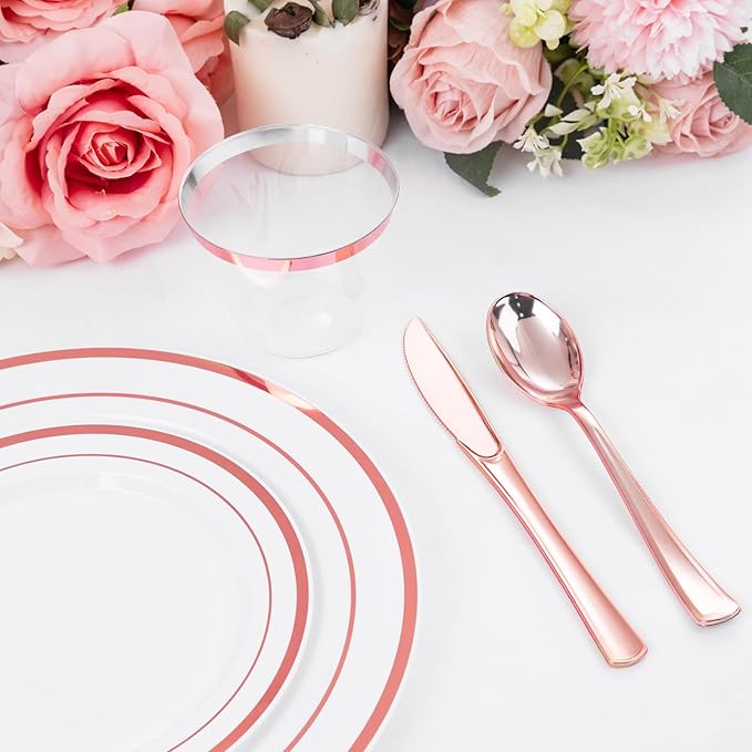 WELLIFE 450 PCS Rose Gold Disposable Dinnerware Set for 75 Guests, Mothers Day Plates, 75 Dinner & Salad Plate, Cups, Forks Knives Spoons for Wedding Reception and Valentine's Day