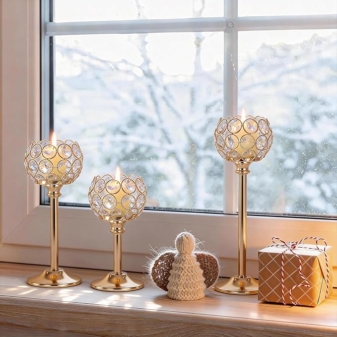 Crystal Candle Holders 4 Set of 12 - Gold Vintage Hollow Ball Candle Stand for Table Centerpiece, Crystal Metal Tealight Candlestick for Wedding, Dining Room Decor