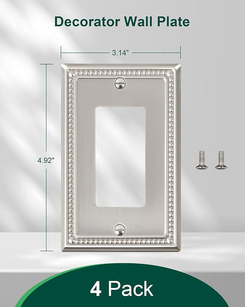 4-Pack Decorator Outlet Cover Plate, Decorative Switch Plates and Outlet Covers, Brushed Nickel Metal Wall Plates for Electrical Outlets, Receptacle, GFCI Outlet, Dimmer Switch