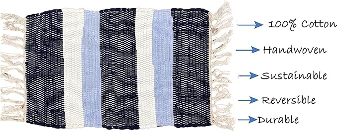 Perilla Home Placemat Set of 4 - Cotton Linen Blend Square Placemats - Farmhouse Rustic Woven Bohemian Machine Washable Table Mats with Tassels for Dining Table Decor (Dark Blue Sky Blue & White)