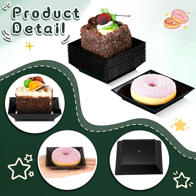 Zhehao 100 Pcs Plastic Dessert Appetizer Plates Disposable, 3.6 x 3.6 Inch Small Square Plastic Dessert Cake Plate for Party, Valentine's Day Wedding Birthday Bridal Baby Shower Supplies (Black)