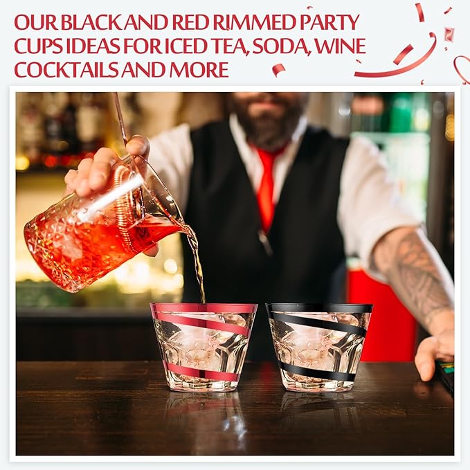 Gejoy 9 oz Rimmed Swirl Plastic Cups Disposable Wine Drinking Cups Clear Elegant Halloween Tumblers for Christmas Party Supplies(Red, Black,100 Pcs)