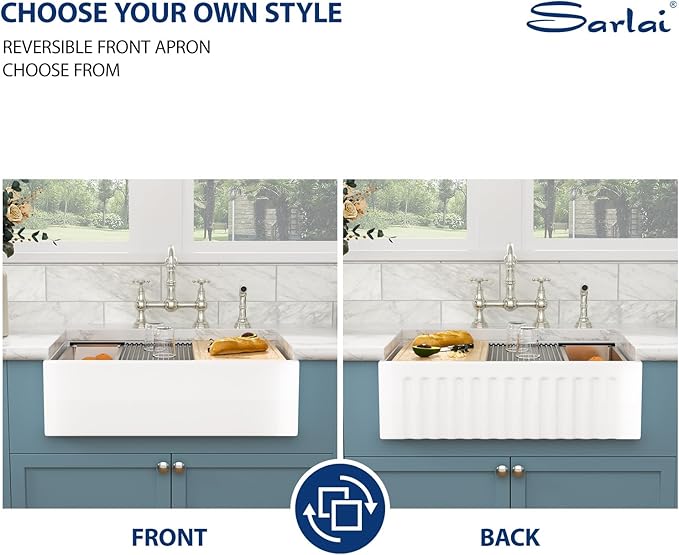 Sarlai 33 White Farmhouse Kitchen Sink - 33x20 Inch Farm Kitchen Sink Reversible Design Ledge Workstation White Ceramic Porcelain Fireclay Farmer Sinks 10" Inch Deep Single Bowl Basin