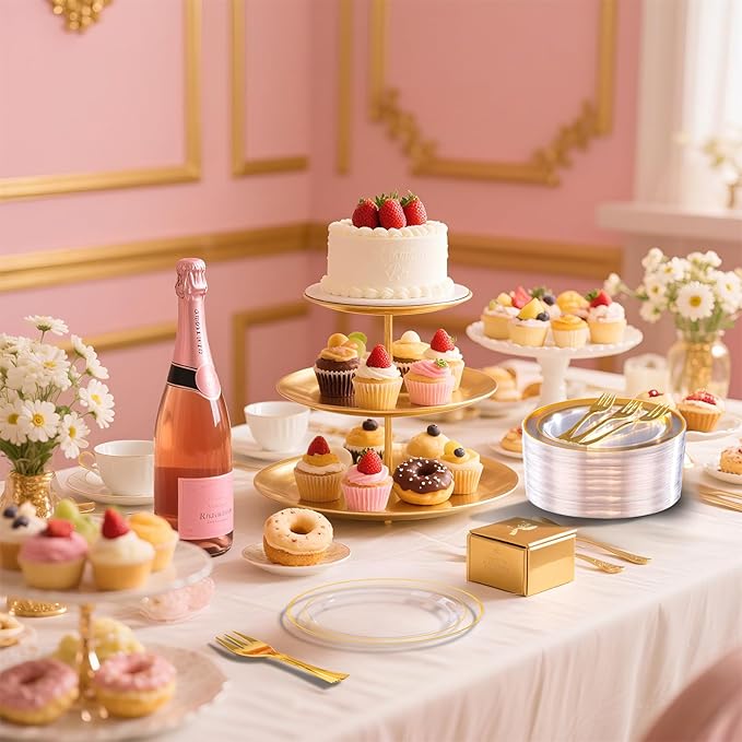 DaYammi 240Pcs Dessert Plates Include 120Pcs Gold Cake Plates 6.3inch with 120Pcs Gold Plastic Forks 5.7inch,Clear gold plates Disposable Salad Plate for Party Appetizer Plate for Wedding Birthday