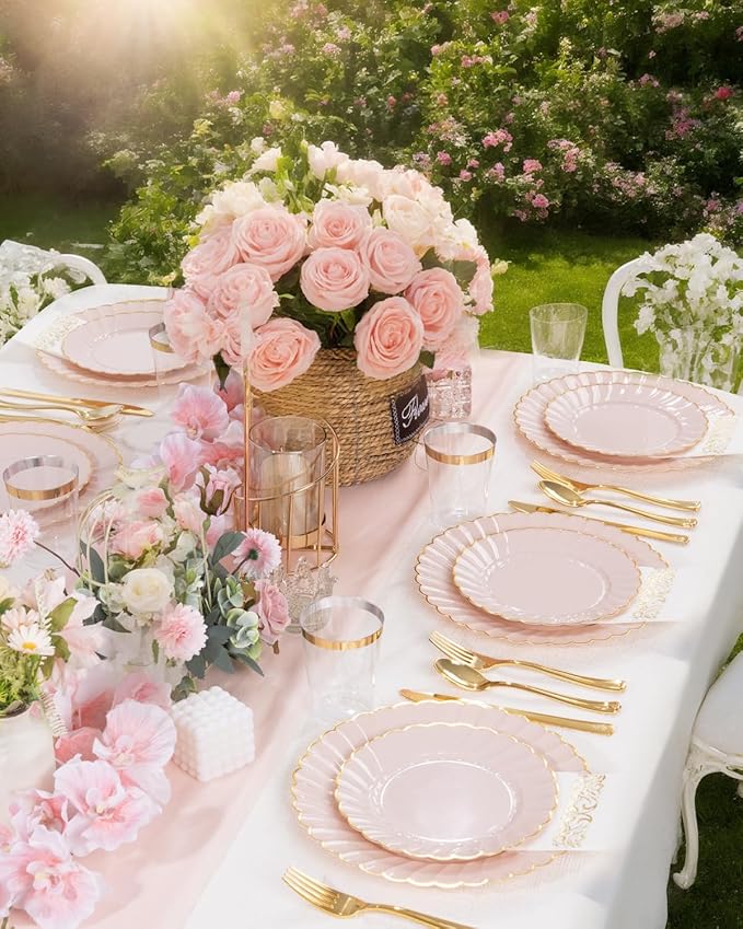 YOUBET 175PCS Pink Scalloped Plastic Plates - Gold Disposable Dinnerware Set Include 50 Plates, 75 Gold Silverware, 25 Cups, 25 Napkins for Party & Wedding & Baby Shower Valentines Day