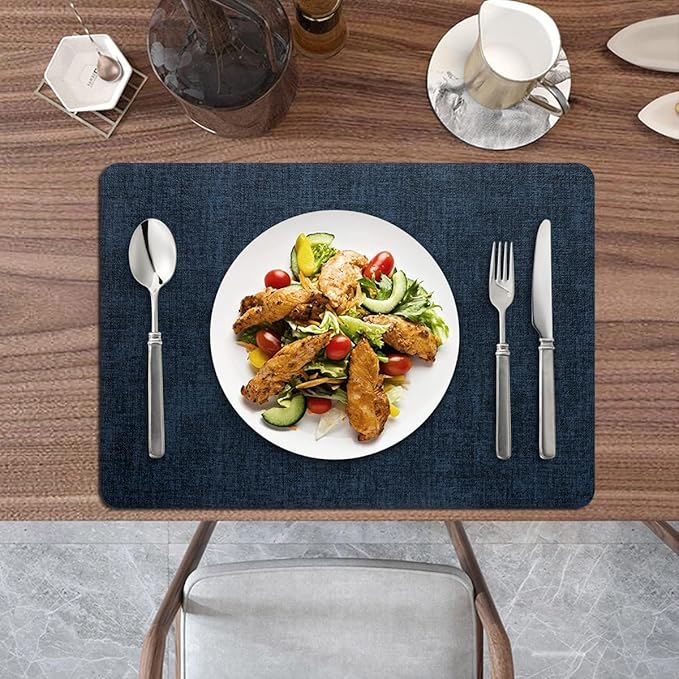 Placemats Set of 12 Washable, Heat Resistant Table Placemats Wipeable Faux Leather Place Mats Non Slip, Waterproof Square Table Mats for Indoor Outdoor, Dark Blue
