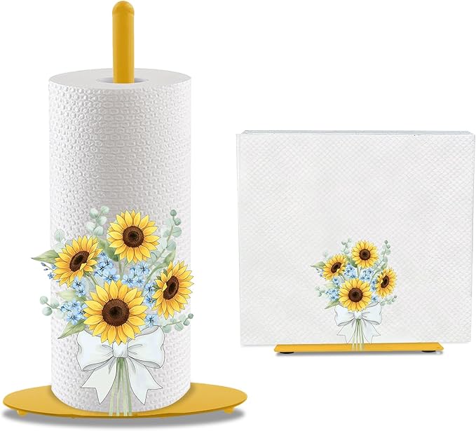 Sunflower Paper Towel Holder, Yellow Countertop Kitchen Decor Indoor with Round Base, Sunflower Lover Gift, Iron Sunflowers Napkin Holder Stand Accessories for Rustic Farmhouse Bathroom Kitchen, 2 PCS