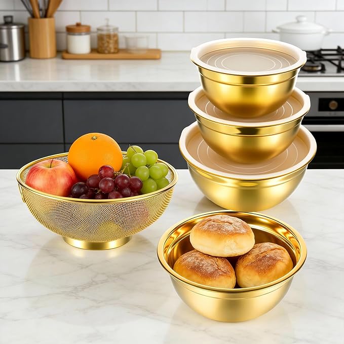 5 Pack Gold Mixing Bowls with Airtight Lids, Stainless Steel Mixing Bowl Set with Colander, Gold Nested Bowl, Metal Nesting Organizers, for Baking Prepping and Serving Food, Size 1.5, 2.0, 2.5, 4.0 Qt