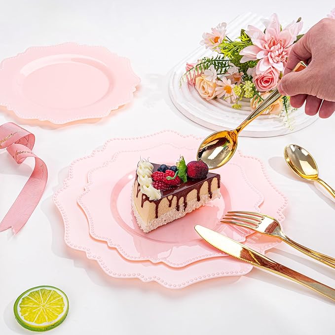 COLOSUS 60pcs Pink Plastic Dessert Plates - 7.5 Inch- Heavy Duty Disposable Plastic Appetizer/Salad/Cake Plates for Party Wedding and Everyday Use,Valentine's Day