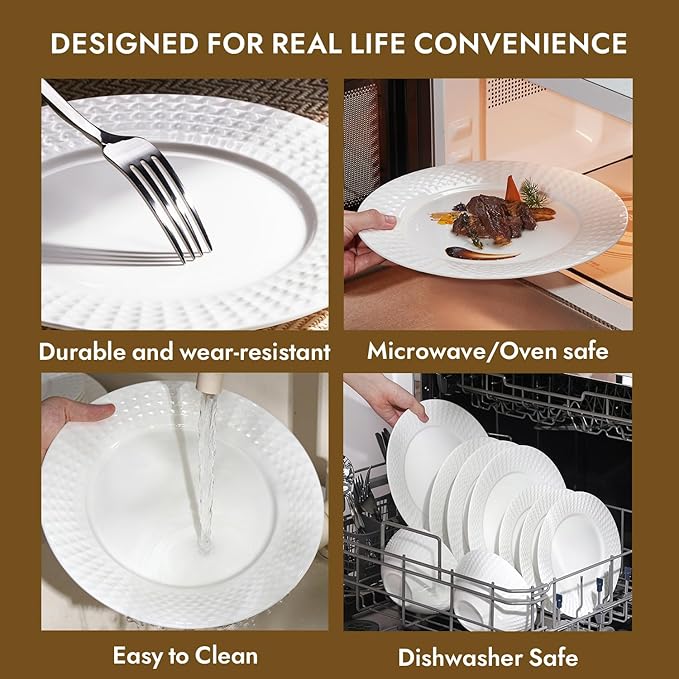 KINGSTONE Bone China Dinnerware Set, 24-Piece White Lightweight Porcelain for 8, Plates and Bowls with Rhombus patterned edge design, Microwave and Dishwasher Safe, for Family, Restaurant, Gifting