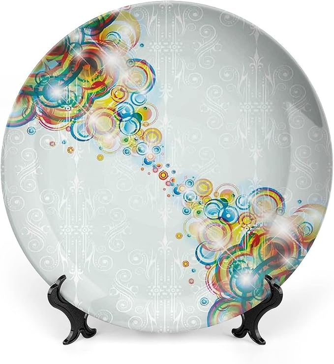 Decorative Plates, Abstract Print Ornament, Modern Design Rainbow Waves Circles Patterned, 10 Inch, 1 Plate with 1 Display Stand, Multicolor