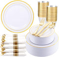 350Piece Gold Dinnerware Set for 50 Guests - Gold Plastic Plates with Disposable Cutlery Include:50Dinner Plates-50Dessert Plates-50Pre Rolled Napkins with Silverware for Valentine’s Day