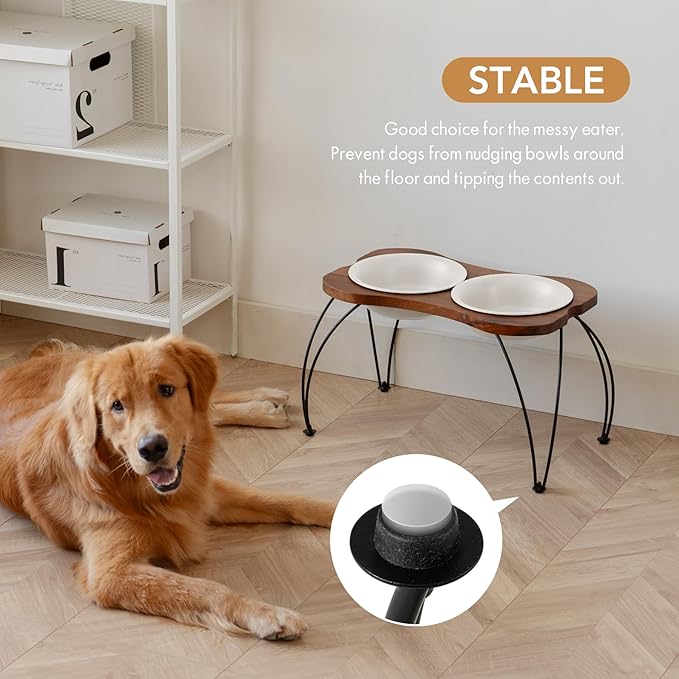 Ceramic 8.7-inch Raised Double-Bowl Set with Non-Slip Stand, 4 Cup Food or 37 oz Water Dishes for Large Dogs, Wide Opening with Rounded Edges(Matt White)