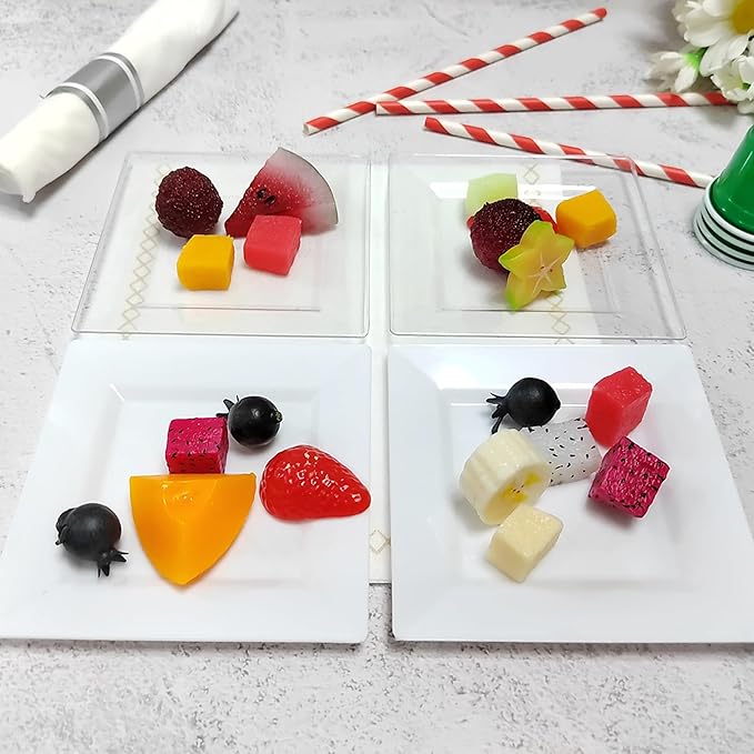 50PCS Square Plastic Plate-4.5 inch Disposable Dessert Plates- Premium Hard Square Small Appetizer Plates for Party/Birthday/Wedding & All Occasions (White)