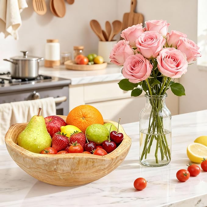 Handmade Wooden Decorative Fruit Bowl 8-10in - Irregular Wood Bowl for Kitchen Counter,Wooden Serving Bowl for Salads Snacks Keys and Home Decor (8-10in/20-24cm)