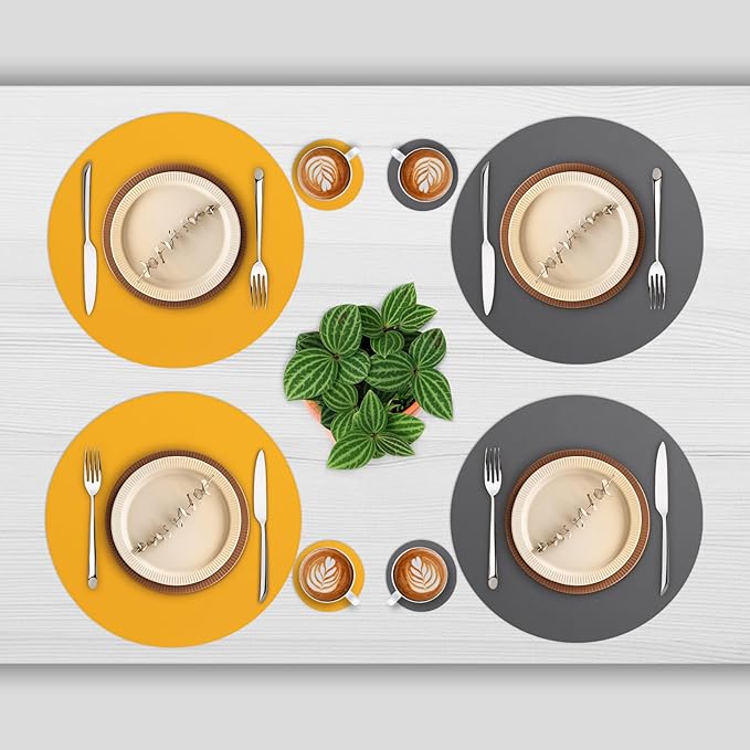 Myir JUN Round Placemats Set of 6 Faux Leather Place Mats and Coasters 15 inch Round Table Mats Dual Sided Non-Slip Stain Resistant Placemats (Gray & Yellow, Set of 6)