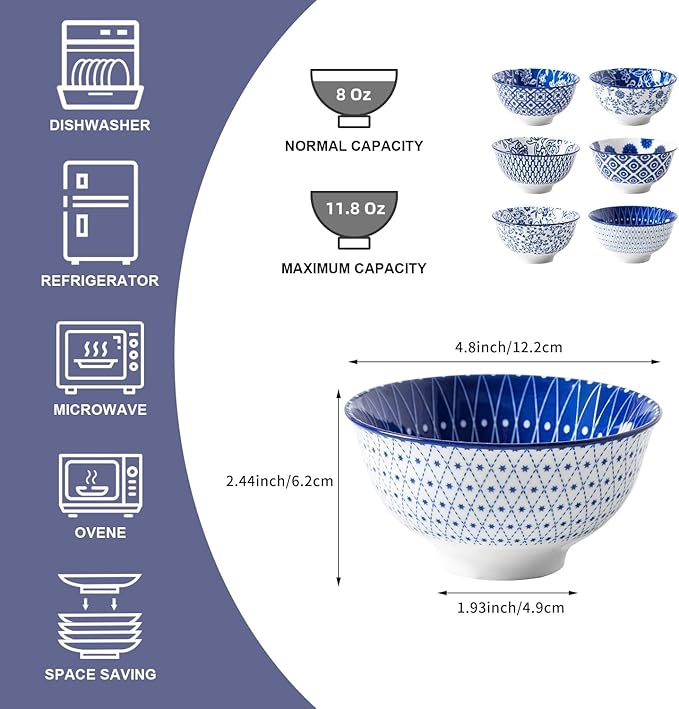 Ceramic Dessert Bowls Set - Small 12 Oz Cereal Bowls - 4.75 Inch Ice Cream Bowls for Fruit, Snack, Side Dishes, Dipping Sauce - Microwave Dishwasher Safe - Set of 6 - Vintage Blue