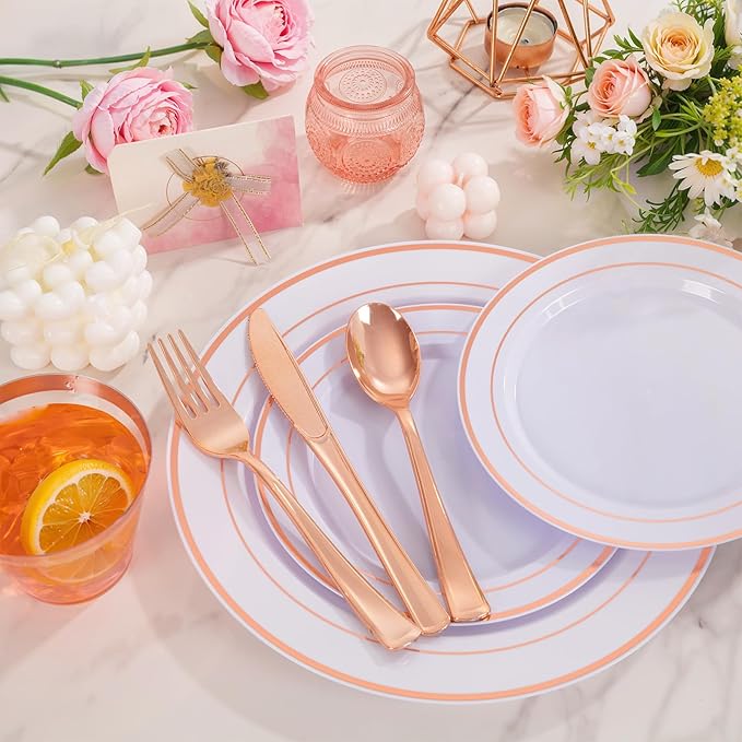 WELLIFE 150 PCS Rose Gold Disposable Dinnerware Set for 25 Guests, Valentine's Day Plate, 25 Dinner & Salad Plates, Cups, Forks Knives Spoons for Wedding Reception and Mothers Day Plates