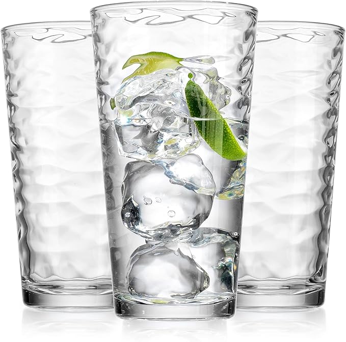 Glaver's Hammered Glass Cups. Cocktail Drinking Glasses Set of 6 Tall Kitchen Glasses, 17 oz Water Glassware For Bar, Juice, Beer, Iced Tea, Everyday Cordial Glasses Drinkware.