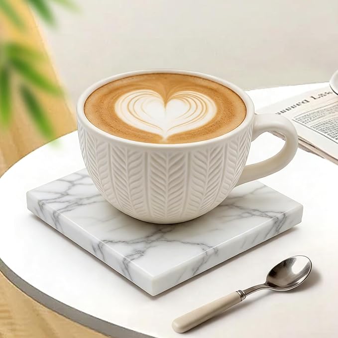 Natural Marble Coasters, Square Costers, Luxury Aesthetic Modern Decor for Coffee Table Bar Kitchen Home, White Marble, Real Natural Semi Absorbent Stone Coasters
