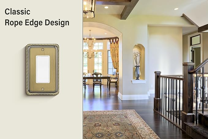 Henne Bery Rope Edge Decorative Wall Plate Switch Plate Outlet Cover (Single Decorator, 2 Pack, Antique Brass)