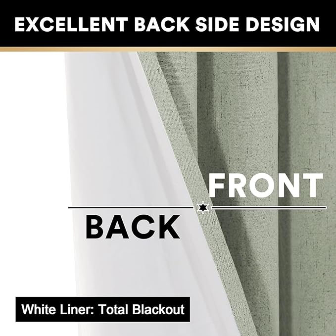PrinceDeco 100% Blackout Curtains for Bedroom Linen Black Out Curtains for Living Room 90 Inch Long Faux Linen Fabric Grommet Thermal Curtains for Summer Heat with White Liner,52X90 Inch,Sage