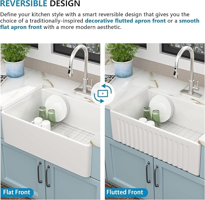 33"x18" White Farmhouse Kitchen Sink – Reversible Apron Front Fireclay Single Bowl Farm Sink, White Ceramic Porcelain Farmer Style Basin