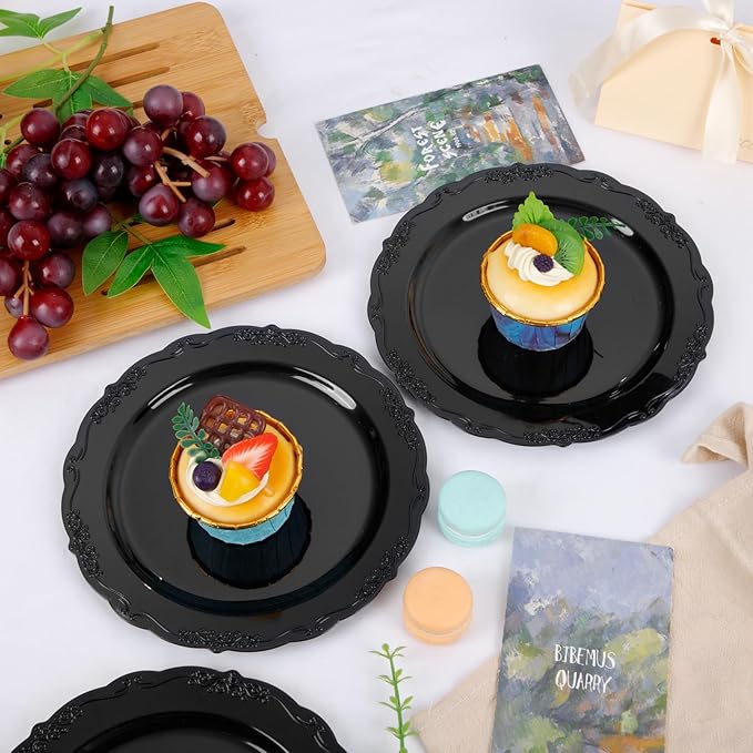 DaYammi 36PCS Black Plastic Plates, Heavy Duty Black Disposable Plates Premium 7.5 inch Dessert Cake Salad Appetizer Platos Hard Plastic Platos Disposable for Party
