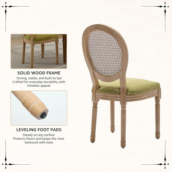 Vintage French Rattan Dining Chairs Set of 6, Round Back Accent Chairs with Rattan Backrest and Upholstered Linen Seat, Solid Frame Wood Sillas de Comedor for Dining Room & Kitchen, Olive Green