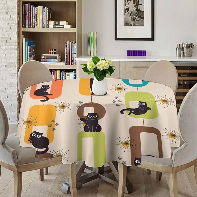 Bohemian Black Cat Round Tablecloth, Rustic Vintage Mid Century Geometric Tablecloth for Home Party Dining Room Kitchen Decor 60Inch(152cm)