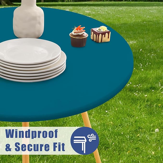 Round Spandex Tablecloth, Elastic Fitted Waterproof Tablecloths for 25"-30" Tables, Stretch Washable Picnic Table Cover for Camping, Dining, Indoor and Outdoor,Peacock Blue