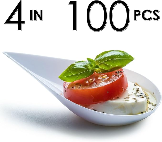 DLux 100 4-in Tear Drop Mini Appetizer Plates, Reusable White Plastic Spoons - Desserts and Appetizers Dishes Serving Plate - Asian Spoon Set, Small Catering Dessert Tasting Cups - with Recipe Ebook